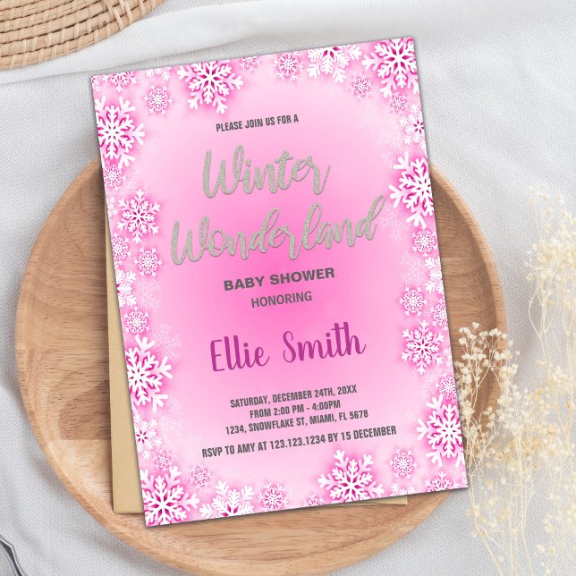 Winter Baby Shower Invitations Pink Snow Glitter (Winter Baby Shower Invitations Pink Snow Glitter)