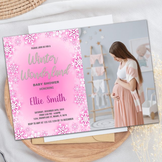 Winter Baby Shower Invitations Pink Snow Photo (Winter Baby Shower Invitations Pink Snow Photo)