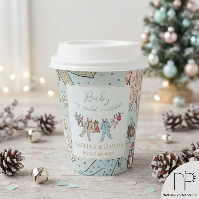 Winter Baby Shower Paper Cups (These light green winter baby shower paper cups feature hand-drawn illustrations for festive party)