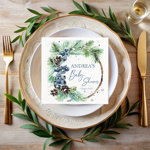 Winter baby shower pines wreath monogrammed napkin