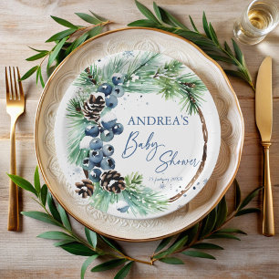 Winter baby shower pines wreath monogrammed paper plate