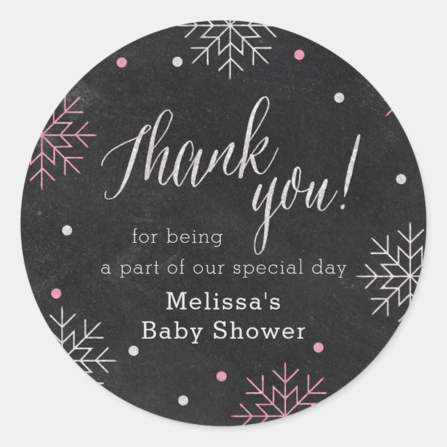 Winter Baby Shower Pink Chalkboard Thank You Classic Round Sticker (Front)