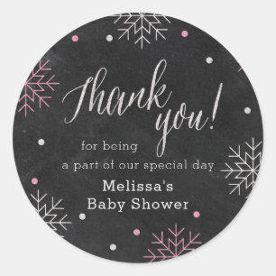 Winter Baby Shower Pink Chalkboard Thank You Classic Round Sticker