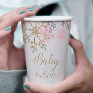 Winter Baby Shower Pink Gold Snowflakes Paper Cups