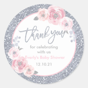 Winter Baby Shower Pink & Silver Snowflake Favour Classic Round Sticker