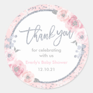 Winter Baby Shower Pink & Silver Snowflake Favour Classic Round Sticker