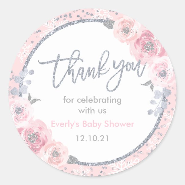 Winter Baby Shower Pink & Silver Snowflake Favour Classic Round Sticker (Front)