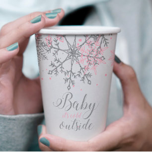 Winter Baby Shower Pink Silver Snowflakes Paper Cups