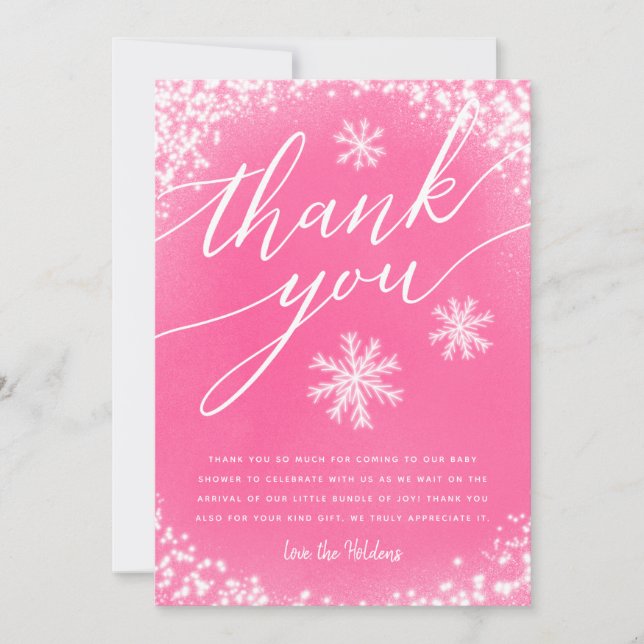 Winter Baby Shower Pink Snow Thank You Card (Front)