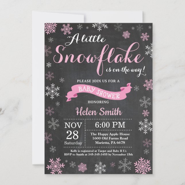 Winter Baby Shower Pink Snowflake Chalkboard Invitation (Front)