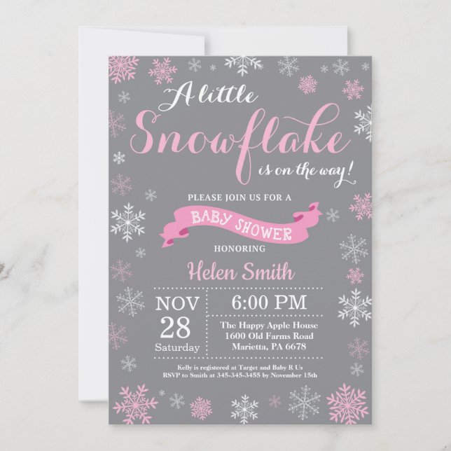 Winter Baby Shower Pink White and Grey Snowflake Invitation (Front)