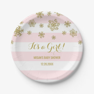 Winter Baby Shower Plate Pink Stripes Gold Snow