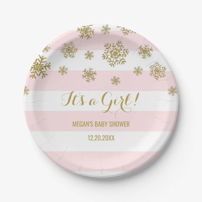 Winter Baby Shower Plate Pink Stripes Gold Snow (Front)