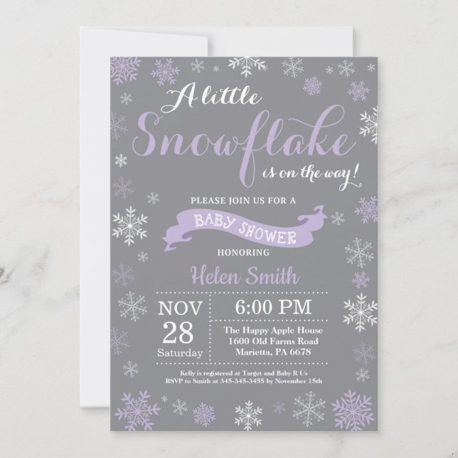 Winter Baby Shower Purple White and Grey Snowflake Invitation (Front)