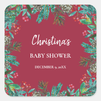 Winter Baby Shower Red Square Sticker