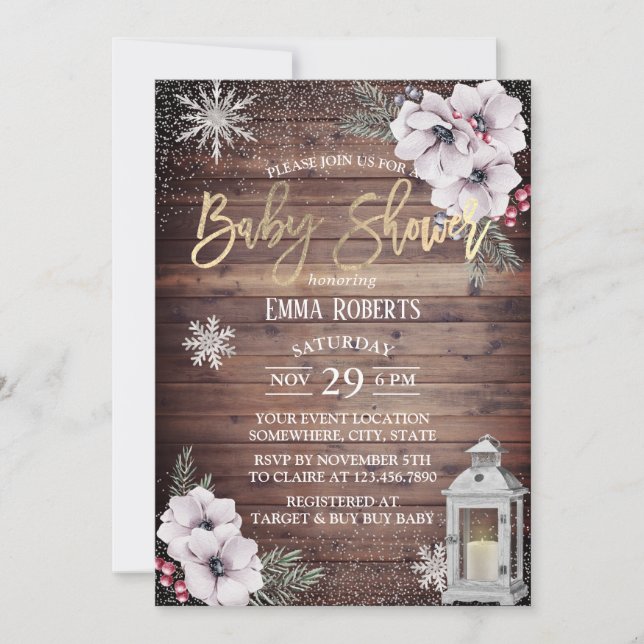Winter Baby Shower Rustic Lantern Snowflakes Invitation (Front)