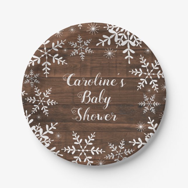 Winter Baby Shower Rustic Snowflakes Paper Plate (Front)