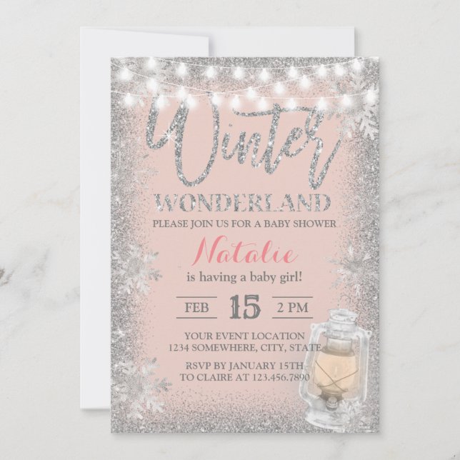 Winter Baby Shower Snowflakes Lantern Blush Pink Invitation (Front)