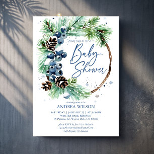 Winter baby shower snowy pines wreath dusty blue invitation