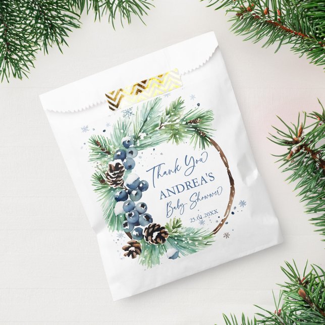 Winter baby shower snowy pines wreath favour bags (Winter baby shower snowy pines wreath favor bag watercolor blue winter berries pine cones )