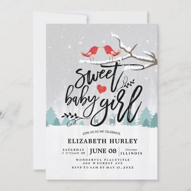 Winter Baby Shower Sweet Baby Girl Chic Snow Scene Invitation (Front)