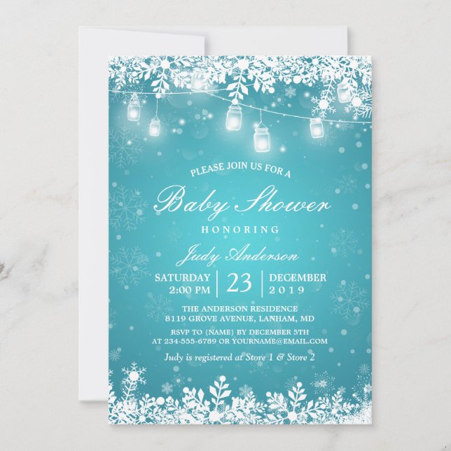 Winter Baby Shower Turquoise Mason Jar Lights Invitation (Front)