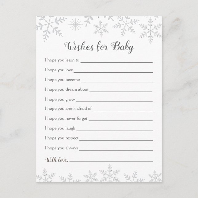 Winter Baby Shower Well Wishes Silver Snowflakes Postcard (Front)