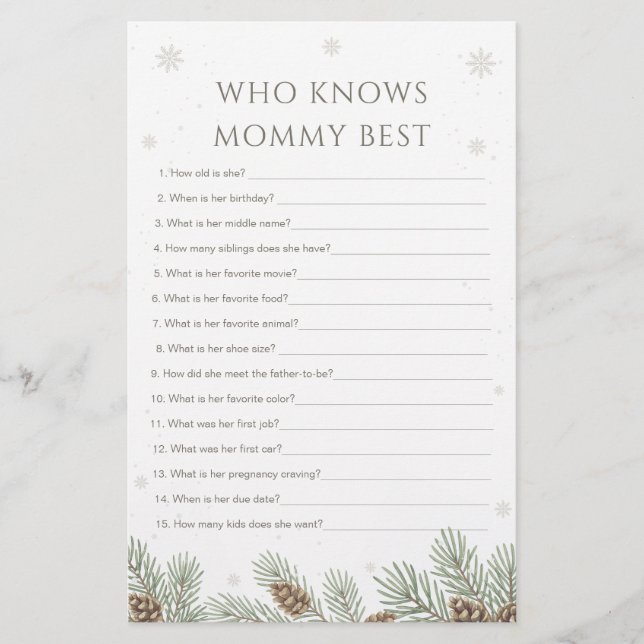 Winter Baby Shower Who Knows Mummy Best Game (Front)