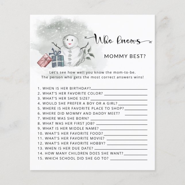 Winter baby Shower Who knows mummy best game (Front)