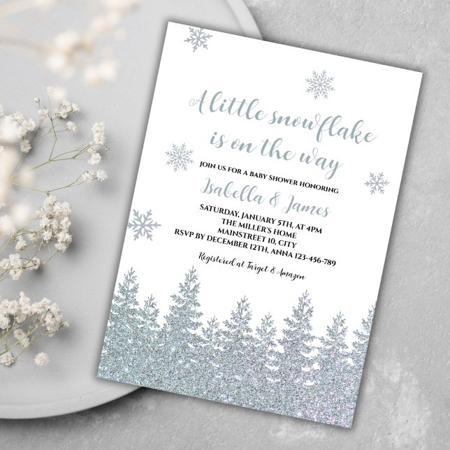 Winter Baby Shower Woodland Little Snowflake Invitation (winter baby shower invitation gender neutral woodland silver glitter little snowflake on the way)