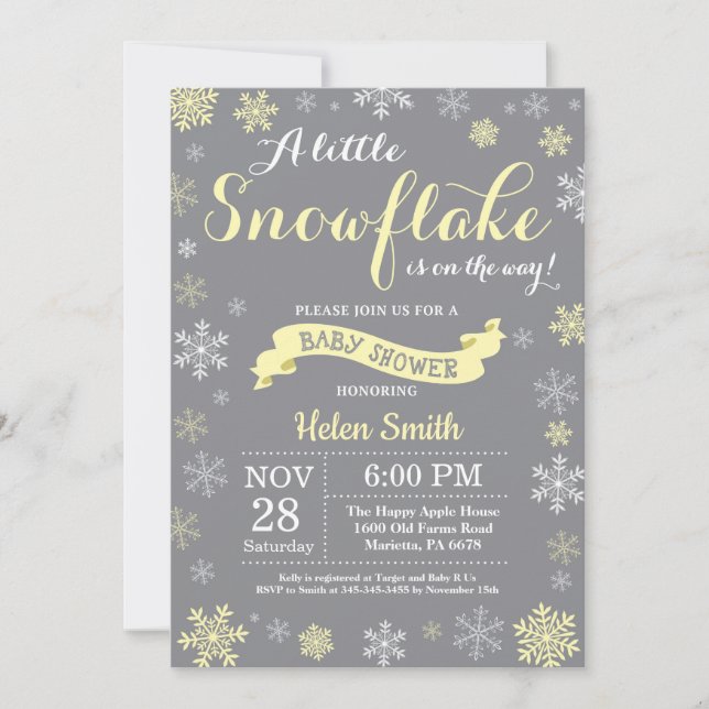 Winter Baby Shower Yellow White and Grey Snowflake Invitation (Front)