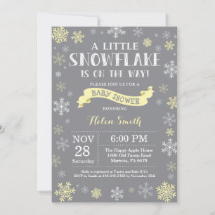Winter Baby Shower Yellow White and Grey Snowflake Invitation