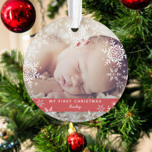 Winter Baby's First Christmas Snowflakes on Red Ornament