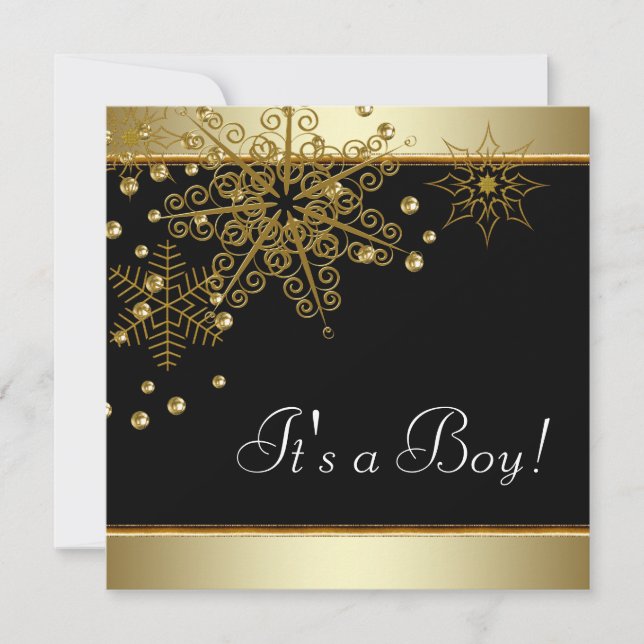 Winter Back and Gold Snowflakes Baby Boy Shower Invitation (Front)
