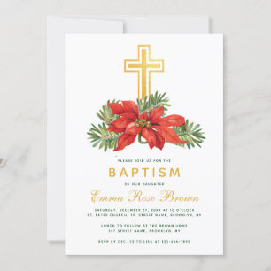 Winter Baptism around Christmas Poinsettia & Pine Invitation