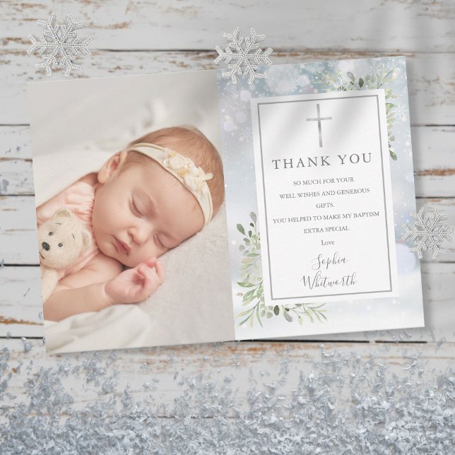 Winter Baptism Christening Greenery  Thank You Card (Creator Uploaded)