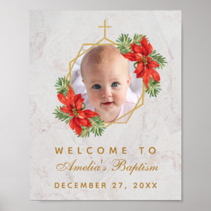 Winter Baptism Photo Poinsettia Gold Welcome Sign