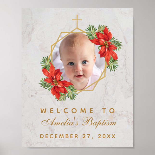 Winter Baptism Photo Poinsettia Gold Welcome Sign (Front)