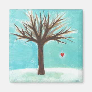 Winter bare tree red heart love primitive folk art magnet
