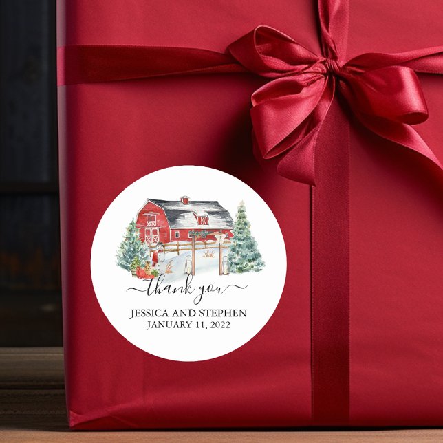 Winter Barn Christmas Wedding   Classic Round Sticker (Creator Uploaded)