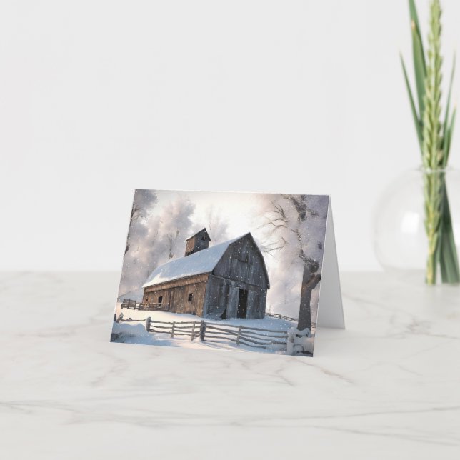 Winter Barn In Snowflakes Note Card (Front)