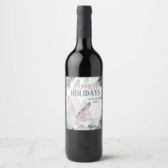 Winter barn owl woodland snow forest scenic wine label (Front)