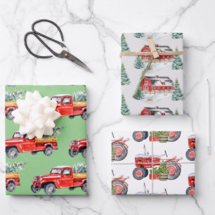 Winter Barn Tractor & Truck Trio Wrapping Paper Sheet