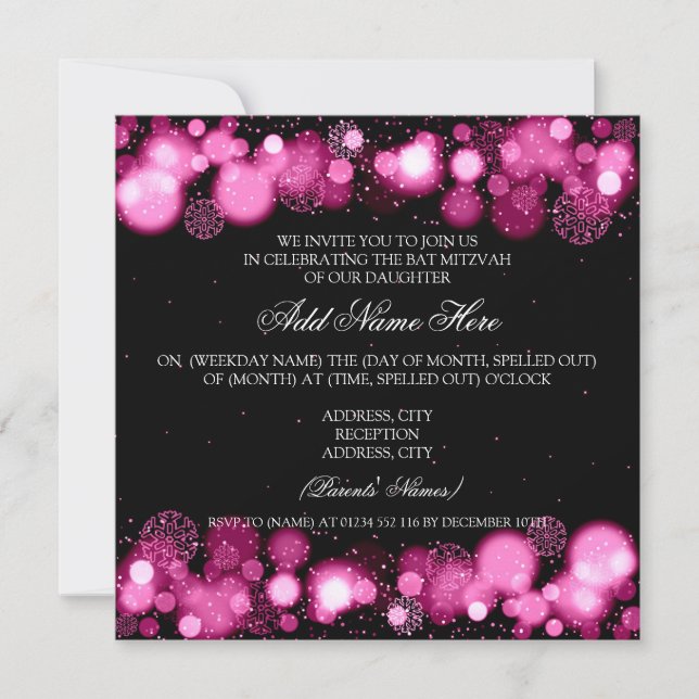 Winter Bat Mitzvah Pink Snowflakes Lights Invitation (Front)