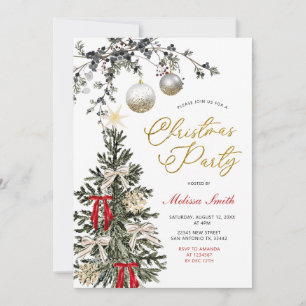 Winter Baubles Red Bow Star Christmas Tree Party Invitation