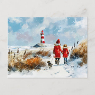Winter Beach Walk with Dog to Lighthouse Holiday Postcard