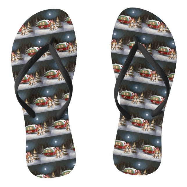 Winter Beagle Caravan Christmas Adventure  Flip Flops (Footbed)