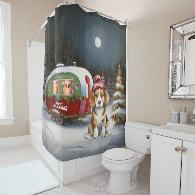 Winter Beagle Caravan Christmas Adventure  Shower Curtain (In Situ)
