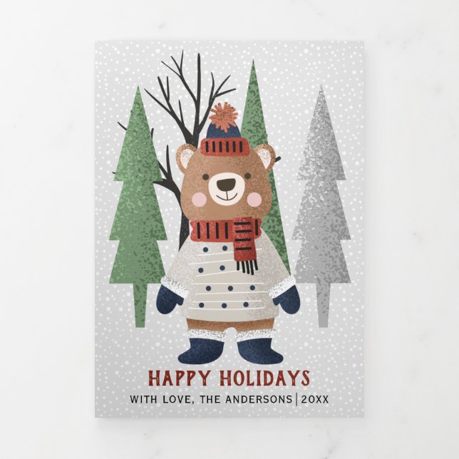 Winter bear and trees Christmas multi photo Tri-Fold Holiday Card (Cover)