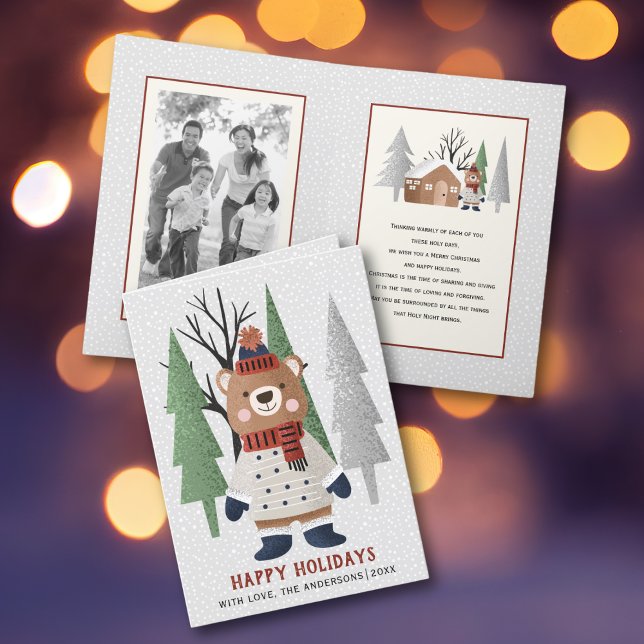 Winter bear and trees Christmas photo folded Holiday Card (Creator Uploaded)
